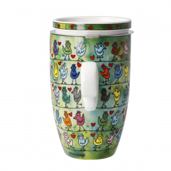 Goebel Teetasse mit Deckel und Sieb James Rizzi - Birds on a Love Wire  Porzellan Porzellantasse