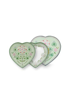 Pip Studio Set/2 Heart Shape Plates Lily&Lotus Light Green 21.5cm Herzform Tellerset Porzellan Teller in dekorativer Verpackung