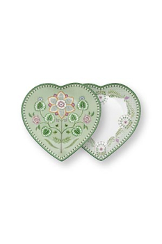 Preview: Pip Studio Set/2 Heart Shape Plates Lily&Lotus Light Green 21.5cm Herzform Tellerset Porzellan Teller in dekorativer Verpackung