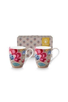 Pip Studio 2er Set Mugs XL Blooming Tales Fantasy Khaki Kaffeetasse Tee Kaffee Tasse Becher Porzellan 450 ml