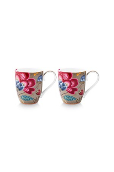 Preview: Pip Studio 2er Set Mugs XL Blooming Tales Fantasy Khaki Kaffeetasse Tee Kaffee Tasse Becher Porzellan 450 ml