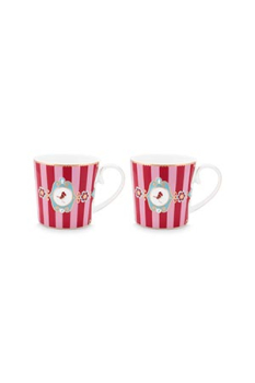 Preview: Pip Studio Set/2 Mugs Small Love Birds Medallion Stripes Red-Pink Kaffeebecher Tee Kaffee Tasse Porzellan
