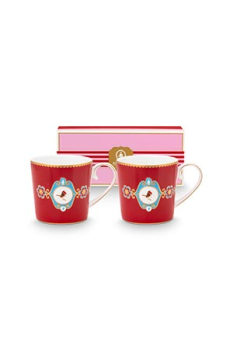 Pip Studio Set/2 Mugs Small Love Birds Medallion Stripes Red Kaffeebecher Tee Kaffee Tasse Porzellan