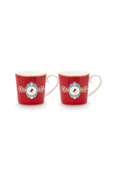 Preview: Pip Studio Set/2 Mugs Small Love Birds Medallion Stripes Red Kaffeebecher Tee Kaffee Tasse Porzellan