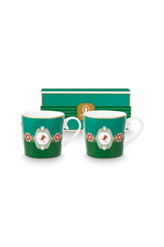 Pip Studio Set/2 Mugs Small Love Birds Medallion Emerald-Green Kaffeebecher Tee Kaffee Tasse Porzellan