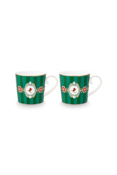 Preview: Pip Studio Set/2 Mugs Small Love Birds Medallion Stripes Emerald-Green Kaffeebecher Tee Kaffee Tasse Porzellan