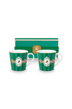 Pip Studio Set/2 Mugs Large Love Birds Medallion Stripes Emerald-Green Kaffeebecher Tee Kaffee Tasse Porzellan