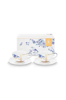 Pip Studio 2er Set Tea Cup & Saucers Royal Flowers Porzellan Tee Kaffee Tasse mit Untertasse 120 ml in dekorativer Geschenkverpackung