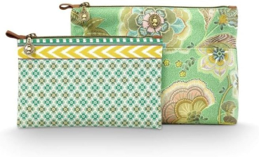 Preview: PIP Studio Kosmetiktasche Set Caryn Cosmetic Bags Combi Matata Green 26x18x7.5cm/22x13x1cm