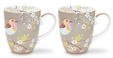Pip Studio 2er Set Mug Large Early Bird Khaki Tee Kaffee Tasse 350 ml Porzellantasse in dekorativer Verpackung