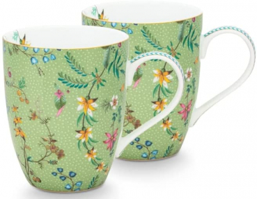 Pip Studio 2er Set Mug Large Jolie Flowers Green  Tee Kaffee Tasse 350 ml Porzellantasse in dekorativer Verpackung