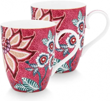 Pip Studio 2er Set Mug Large Flower Festival Dark Pink Tee Kaffee Tasse 350 ml Porzellantasse in dekorativer Verpackung ANGEBOT