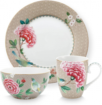 Pip Studio 3er Set Breakfast Blushing Birds Khaki Tasse Teller Schale Frühstücksset Porzellan Müslischale in dekorativer Verpackung