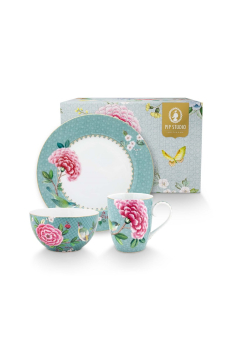 Pip Studio 3er Set Breakfast Blushing Birds Blue Tasse Teller Schale Frühstücksset Porzellan Müslischale in dekorativer Verpackung