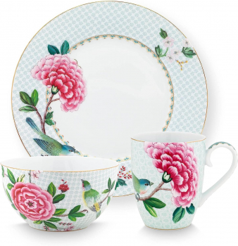 Pip Studio 3er Set Breakfast Blushing Birds White Tasse Teller Schale Frühstücksset Porzellan Müslischale in dekorativer Verpackung