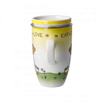 Goebel - Eat Chill Love - Tasse Trinkbecher - Der kleine Yogi - Teetasse mit Deckel und Sieb Porzellan Porzellantasse