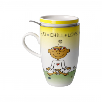 Goebel - Eat Chill Love - Tasse Trinkbecher - Der kleine Yogi - Teetasse mit Deckel und Sieb Porzellan Porzellantasse