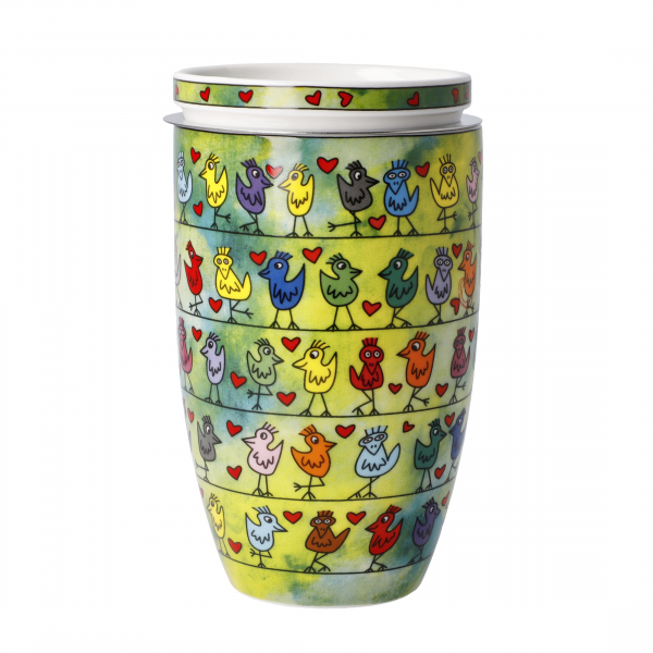 Goebel Teetasse mit Deckel und Sieb James Rizzi - Birds on a Love Wire  Porzellan Porzellantasse