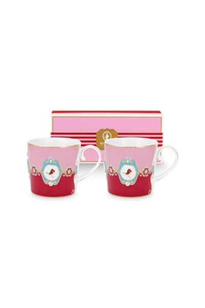 Pip Studio Set/2 Mugs Small Love Birds Medallion Red-Pink Kaffeebecher Tee Kaffee Tasse Porzellan