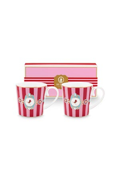 Pip Studio Set/2 Mugs Large Love Birds Medallion Stripes Red-Pink Kaffeebecher Tee Kaffee Tasse Porzellan