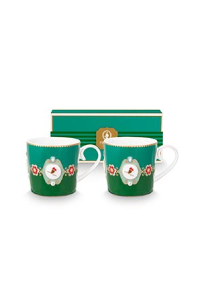 Pip Studio Set/2 Mugs Small Love Birds Medallion Emerald-Green Kaffeebecher Tee Kaffee Tasse Porzellan