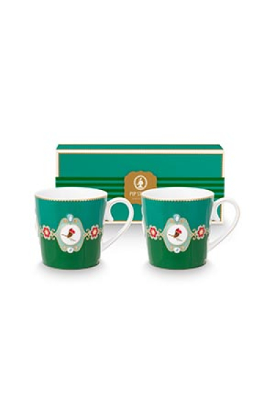 Pip Studio Set/2 Mugs Large Love Birds Medallion Emerald-Green Kaffeebecher Tee Kaffee Tasse Porzellan