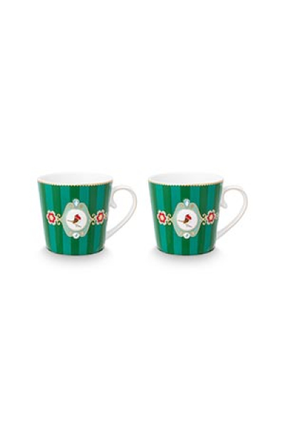 Pip Studio Set/2 Mugs Large Love Birds Medallion Stripes Emerald-Green Kaffeebecher Tee Kaffee Tasse Porzellan