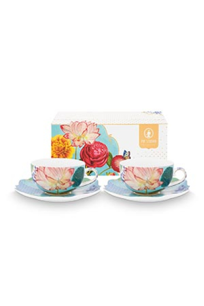 Pip Studio 2er Set Tea Cup & Saucers Royal Flowers Porzellan Tee Kaffee Tasse mit Untertasse 225 ml in dekorativer Geschenkverpackung