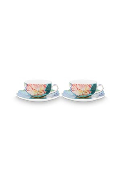 Pip Studio 2er Set Tea Cup & Saucers Royal Flowers Porzellan Tee Kaffee Tasse mit Untertasse 225 ml in dekorativer Geschenkverpackung