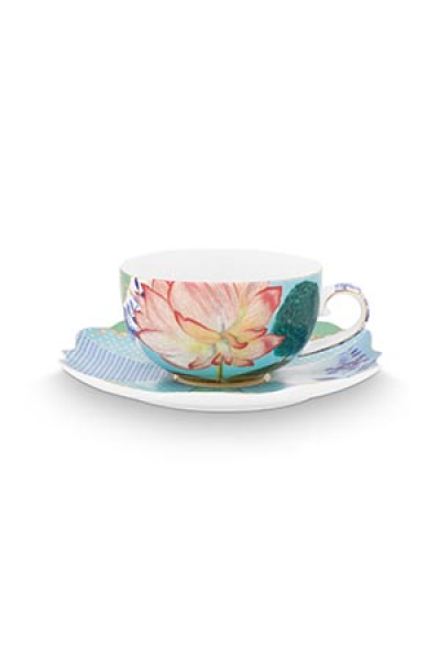 Pip Studio 2er Set Tea Cup & Saucers Royal Flowers Porzellan Tee Kaffee Tasse mit Untertasse 225 ml in dekorativer Geschenkverpackung