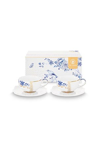 Pip Studio 2er Set Tea Cup & Saucers Royal Flowers Porzellan Tee Kaffee Tasse mit Untertasse 120 ml in dekorativer Geschenkverpackung