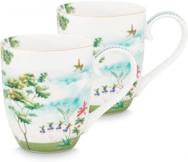 Pip Studio 2er Set Mugs XL Jolie Heron Teetasse Kaffeetasse Tee Kaffee Tasse Becher Porzellan 450 ml