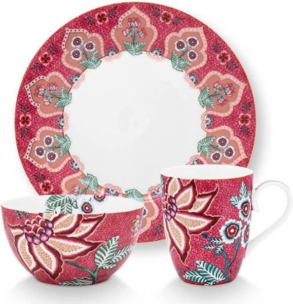 Pip Studio 3er Set Breakfast Flower Festival Dark Pink Tasse Teller Schale Frühstücksset Porzellan Müslischale