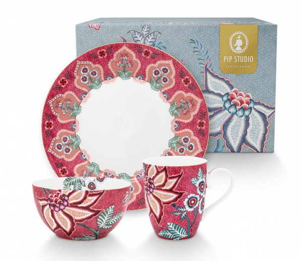 Pip Studio 3er Set Breakfast Flower Festival Dark Pink Tasse Teller Schale Frühstücksset Porzellan Müslischale