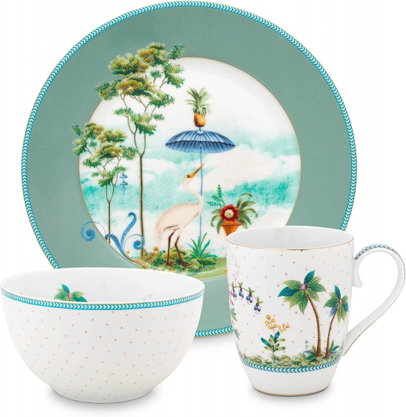 Pip Studio 3er Set Breakfast Jolie Blue Tasse Teller Schale Frühstücksset Porzellan Müslischale in dekorativer Verpackung