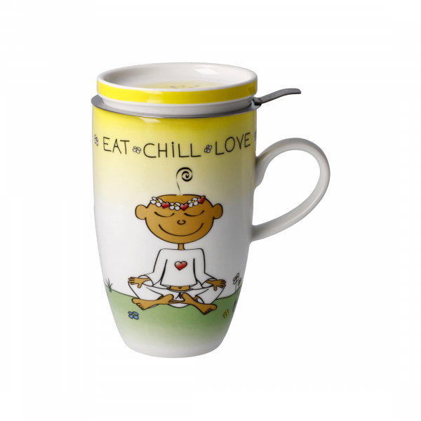 Goebel - Eat Chill Love - Tasse Trinkbecher - Der kleine Yogi - Teetasse mit Deckel und Sieb Porzellan Porzellantasse