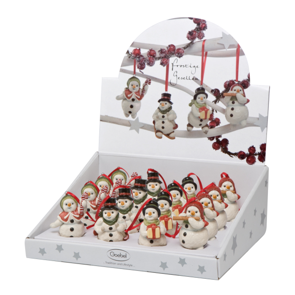 Goebel Frostige Gesellen je ein Schneemann Hänger Zuckerstange - Ski - Schlittschuh mit Geschenk - Flöte ANGEBOT