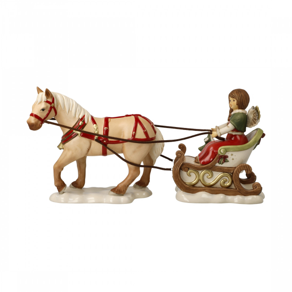 Goebel Winterschlittenfahrt Engel mit Schlitten und Pferd Winterwald Porzellan Figur Weihnachten