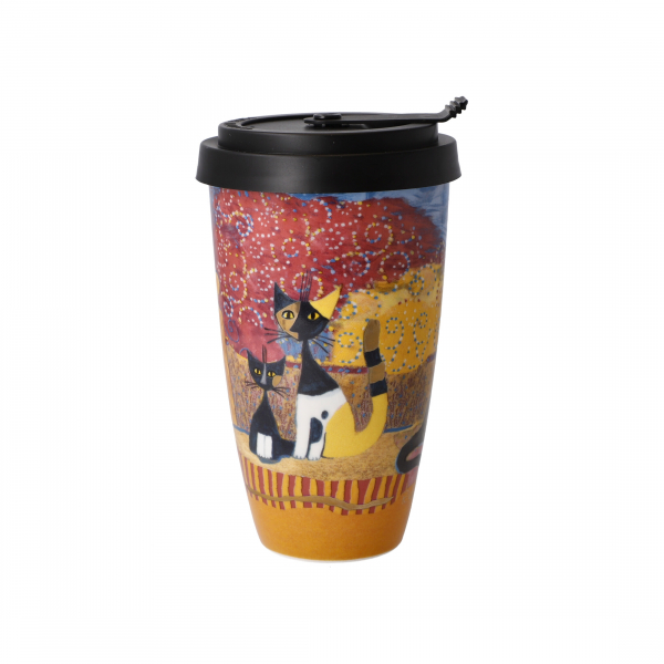 Goebel Macchia e Amici festeggiano Tasse Trinkbecher ANGEBOT Rosina Wachtmeister Katze Mug To Go mit Deckel Teetasse Kaffeetasse Porzellan Künstlerbecher