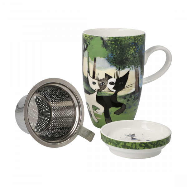 Goebel - Una passeggiata nel verde - Tasse Trinkbecher NEUHEIT 2024 - Rosina Wachtmeister Katzen - Teetasse mit Deckel und Sieb Porzellan Porzellantasse