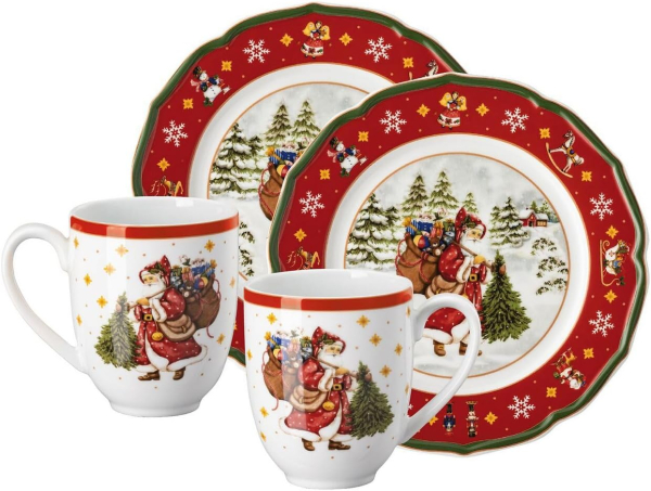 Happy Wintertime rot Porzellan Set - Set 4-tlg Becher mit Henkel, Teller flach 22 cm